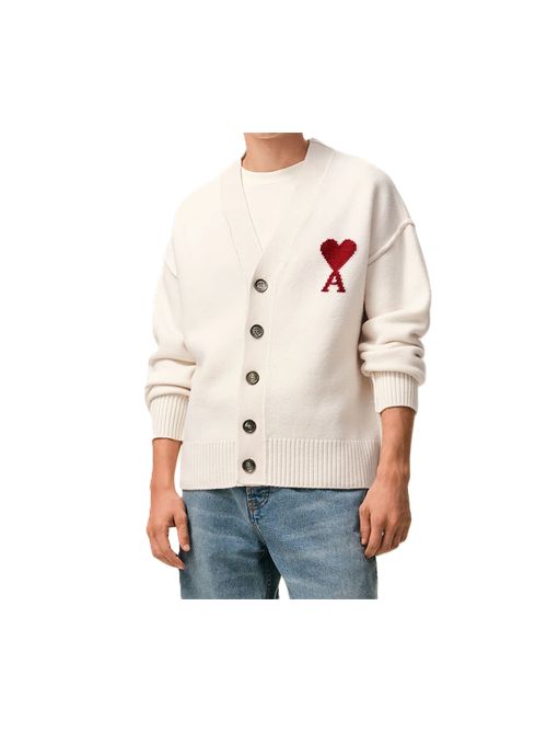 Cardigan Ami de Cœur in lana naturale Ami Paris | UKC367.018154 OFF-WHITE/RED